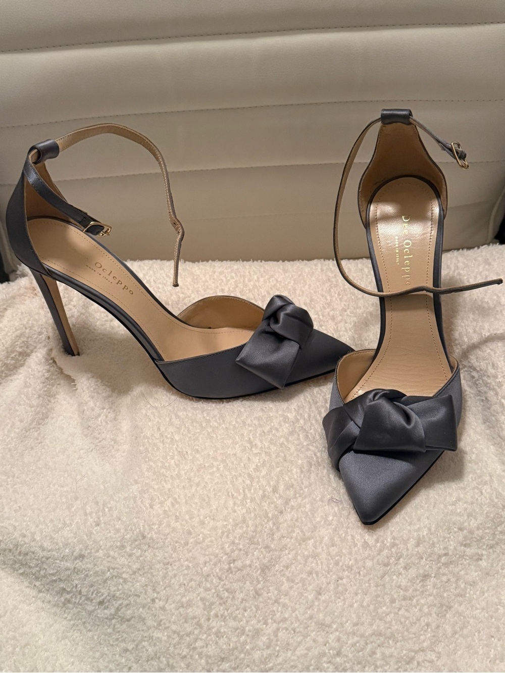 Dee Ocleppo Pointed-Toe Ankle-Strap Satin Heels with Knot Detail in Gray